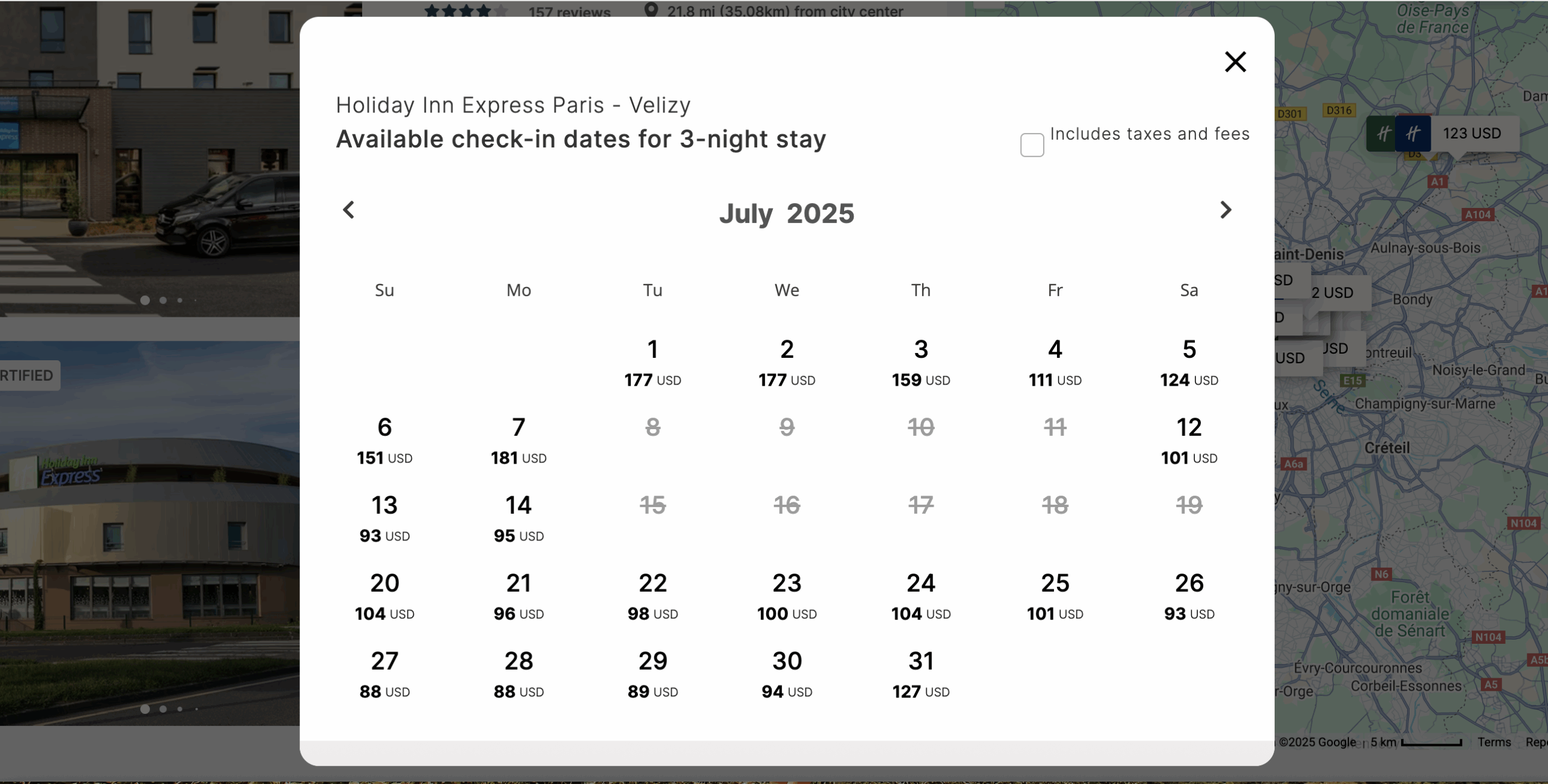IHG calendar of available dates in Paris in July 2025